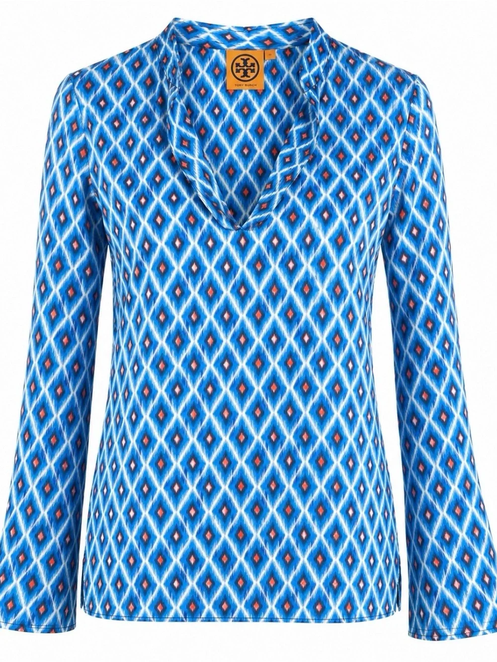 Tory Burch Blue Ikat Diamond Print Cotton Tunic Blouse 6 Long Sleeve Split neck